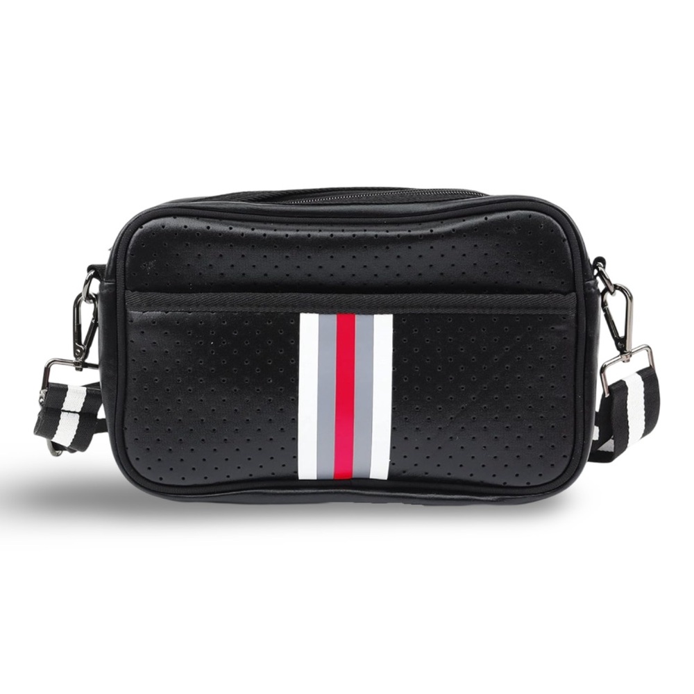 Black Unisex Bag in Perforated Vegan Leather with Stripe by IBEE